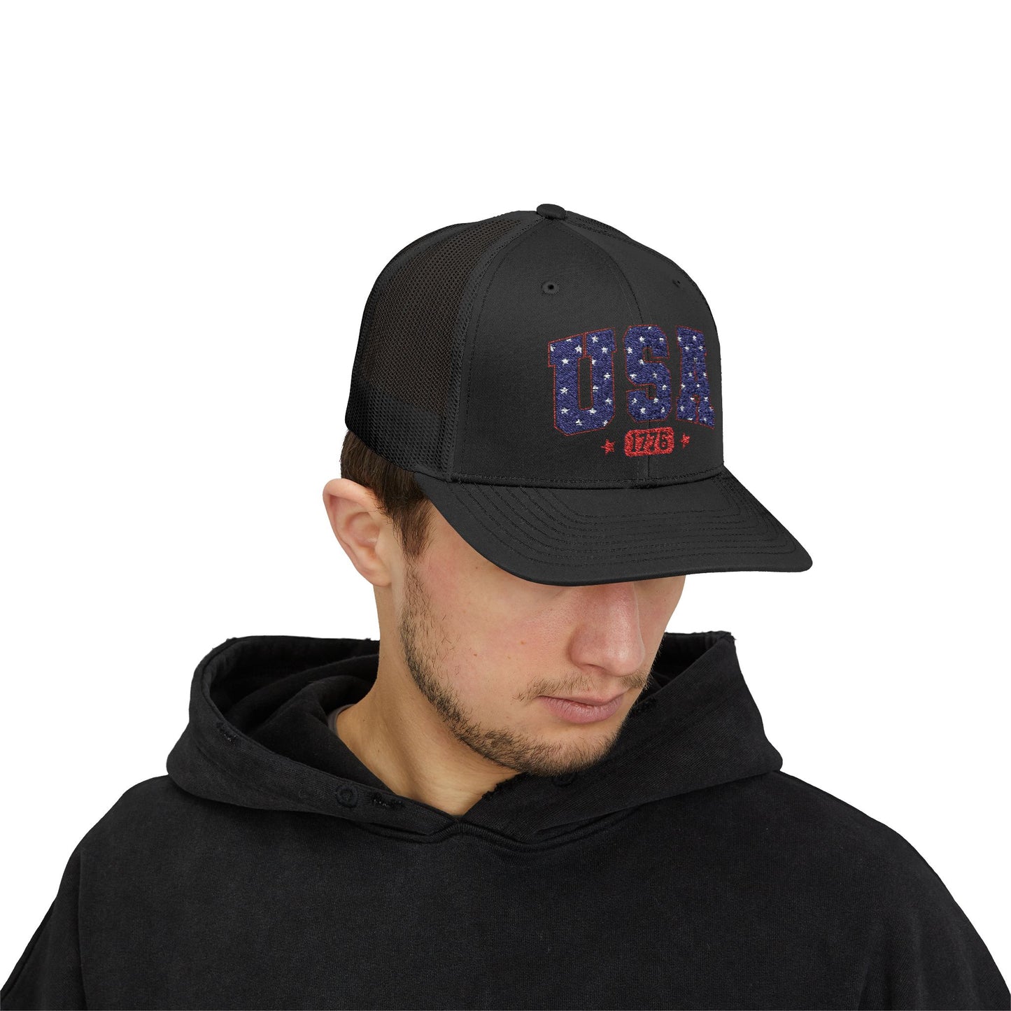 USA 1776 Snapback Trucker Cap — Patriotic American Flag Style Hat