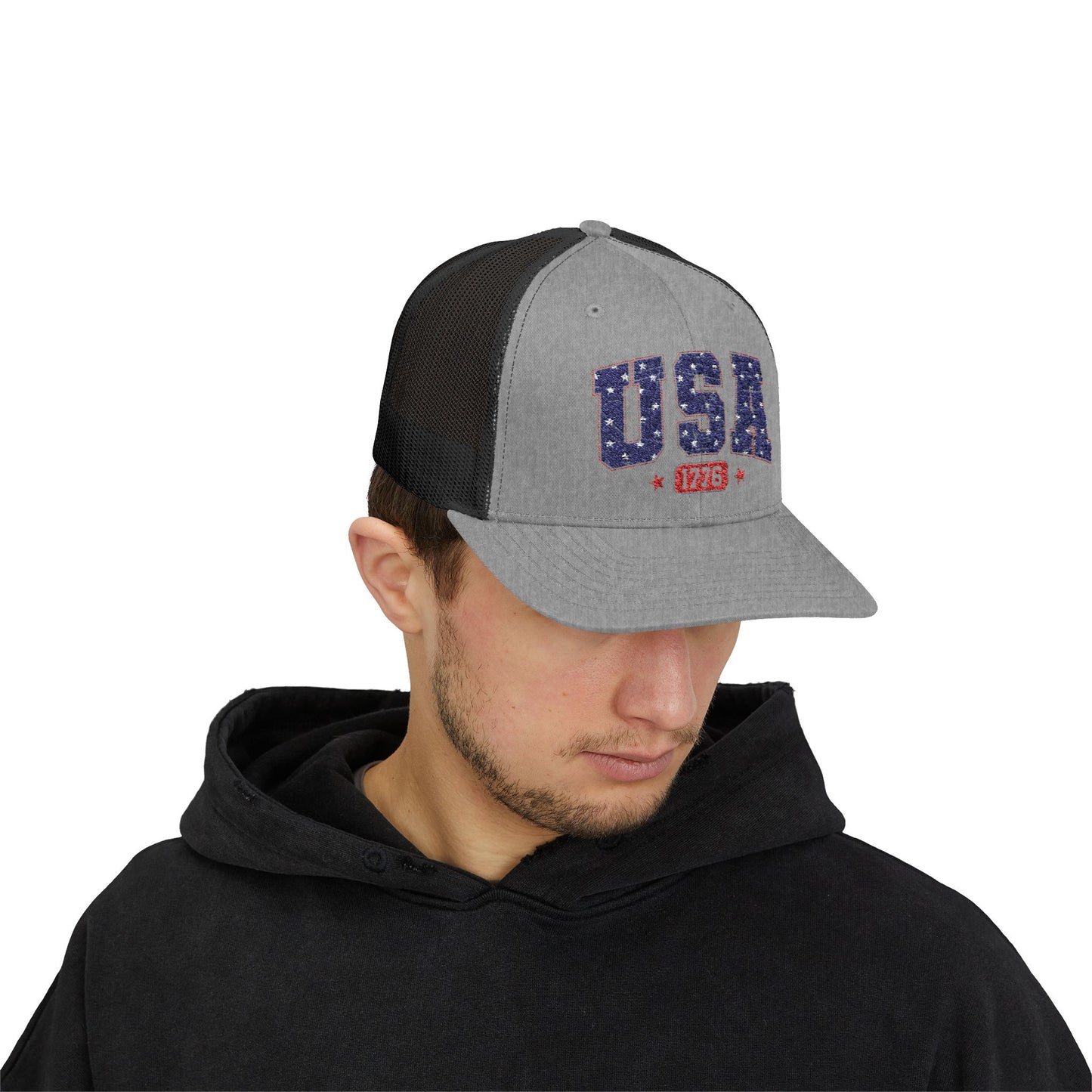 USA 1776 Snapback Trucker Cap — Patriotic American Flag Style Hat