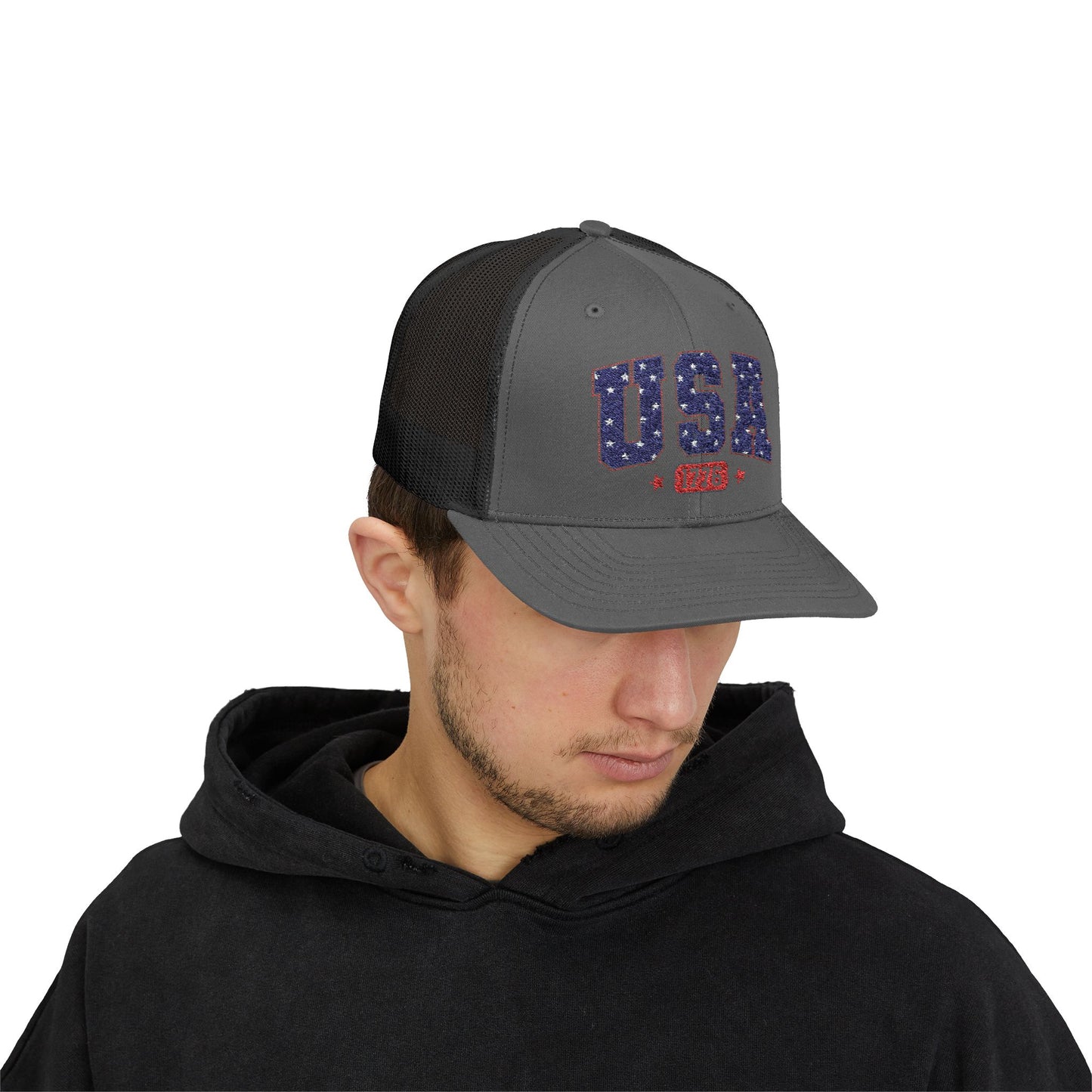 USA 1776 Snapback Trucker Cap — Patriotic American Flag Style Hat
