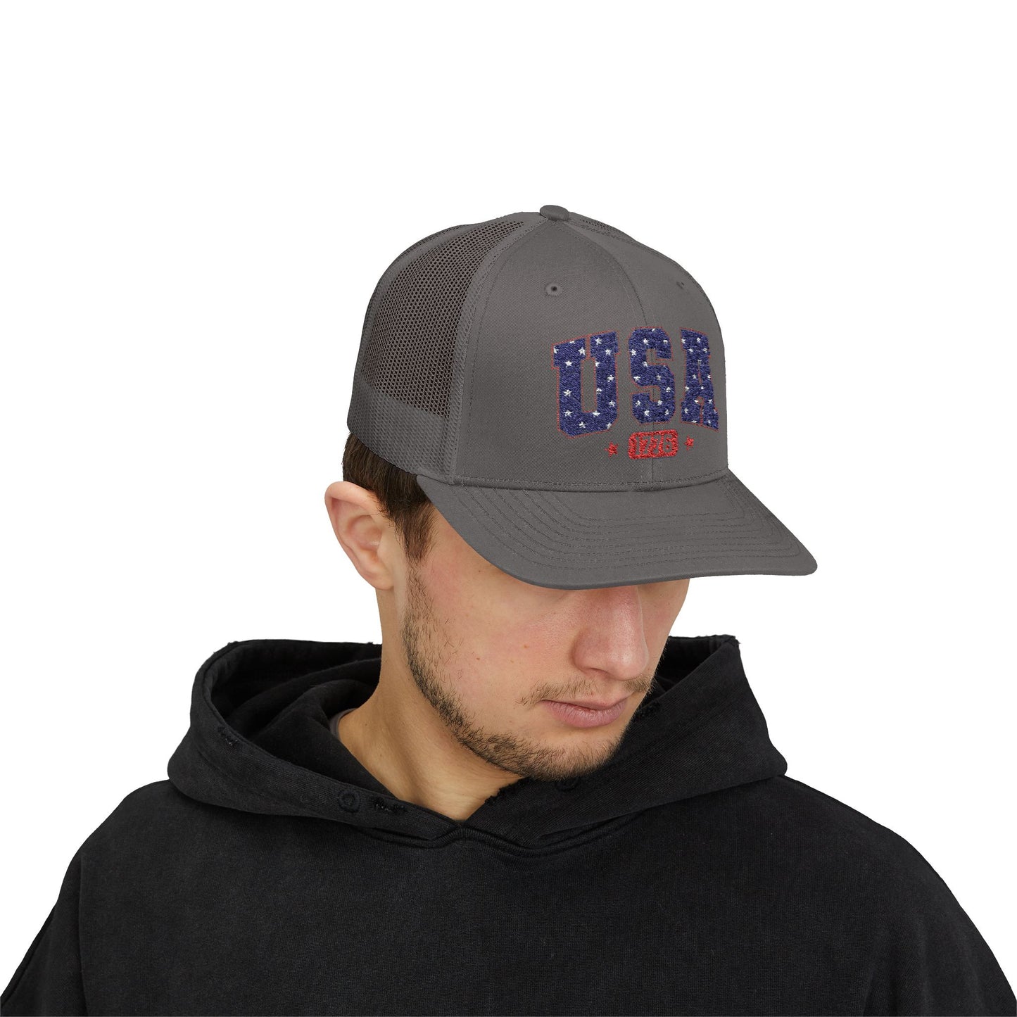 USA 1776 Snapback Trucker Cap — Patriotic American Flag Style Hat