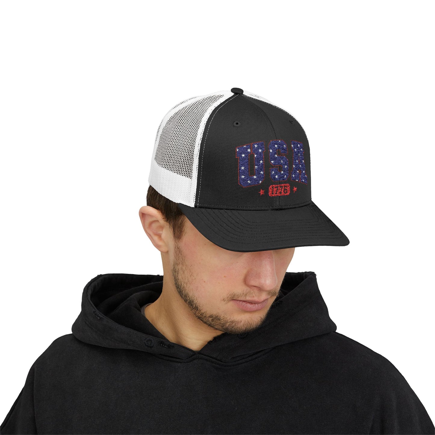 USA 1776 Snapback Trucker Cap — Patriotic American Flag Style Hat