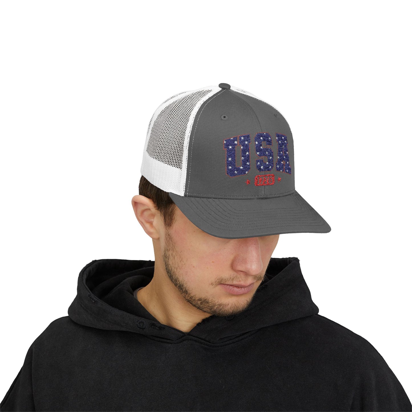 USA 1776 Snapback Trucker Cap — Patriotic American Flag Style Hat