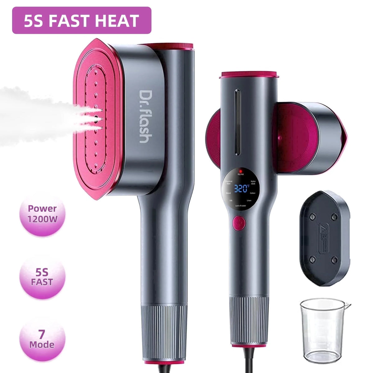 1200W Handheld Garment Steamer, Portable Clothes Steamer with LED Display, 7 Settings, 90 Degree Swivel Handle for Home and Travel
